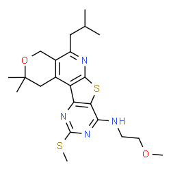 ChemSpider 2D Image | 5-Isobutyl-N-(2-methoxyethyl)-2,2-dimethyl-10-(methylsulfanyl)-1,4-dihydro-2H-pyrano[4'',3'':4',5']pyrido[3',2':4,5]thieno[3,2-d]pyrimidin-8-amine | C22H30N4O2S2