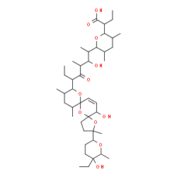 ChemSpider 2D Image | 2-(6-{6-[2-(5-Ethyl-5-hydroxy-6-methyltetrahydro-2H-pyran-2-yl)-15-hydroxy-2,10,12-trimethyl-1,6,8-trioxadispiro[4.1.5.3]pentadec-13-en-9-yl]-3-hydroxy-4-methyl-5-oxo-2-octanyl}-3,5-dimethyltetrahydro
-2H-pyran-2-yl)butanoic acid | C43H72O11