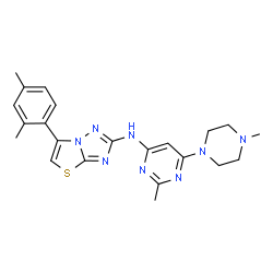 ChemSpider 2D Image | 6-(2,4-Dimethylphenyl)-N-[2-methyl-6-(4-methyl-1-piperazinyl)-4-pyrimidinyl][1,3]thiazolo[3,2-b][1,2,4]triazol-2-amine | C22H26N8S