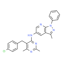 ChemSpider 2D Image | N-[5-(4-Chlorobenzyl)-2,6-dimethyl-4-pyrimidinyl]-3-methyl-1-phenyl-1H-pyrazolo[3,4-b]pyridin-5-amine | C26H23ClN6