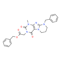 ChemSpider 2D Image | Benzyl (9-benzyl-1-methyl-2,4-dioxo-1,4,6,7,8,9-hexahydropyrimido[2,1-f]purin-3(2H)-yl)acetate | C25H25N5O4
