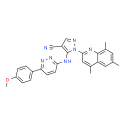 ChemSpider 2D Image | 5-{[6-(4-Methoxyphenyl)-3-pyridazinyl]amino}-1-(4,6,8-trimethyl-2-quinolinyl)-1H-pyrazole-4-carbonitrile | C27H23N7O