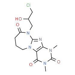 ChemSpider 2D Image | 10-(3-Chloro-2-hydroxypropyl)-1,3-dimethyl-7,8-dihydro-1H-[1,3]diazepino[2,1-f]purine-2,4,9(3H,6H,10H)-trione | C14H18ClN5O4