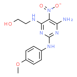 ChemSpider 2D Image | 2-[[6-amino-2-(4-methoxyanilino)-5-nitro-4-pyrimidinyl]amino]ethanol | C13H16N6O4