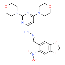 ChemSpider 2D Image | 4,4'-(6-{2-[(6-Nitro-1,3-benzodioxol-5-yl)methylene]hydrazino}-2,4-pyrimidinediyl)dimorpholine | C20H23N7O6