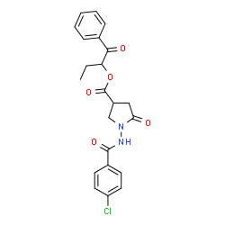 ChemSpider 2D Image | 1-Oxo-1-phenyl-2-butanyl 1-[(4-chlorobenzoyl)amino]-5-oxo-3-pyrrolidinecarboxylate | C22H21ClN2O5