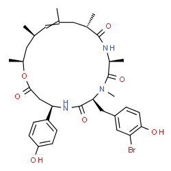 ChemSpider 2D Image | (4R,7S,10S,13S,17R,19S)-7-(3-Bromo-4-hydroxybenzyl)-4-(4-hydroxyphenyl)-8,10,13,15,17,19-hexamethyl-1-oxa-5,8,11-triazacyclononadec-15-ene-2,6,9,12-tetrone | C34H44BrN3O7