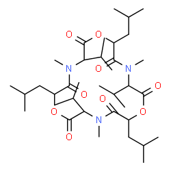 ChemSpider 2D Image | 6,12,18-Triisobutyl-3,9,15-triisopropyl-4,10,16-trimethyl-1,7,13-trioxa-4,10,16-triazacyclooctadecane-2,5,8,11,14,17-hexone | C36H63N3O9