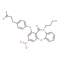 ChemSpider 2D Image | 10-Butyl-3-nitro-1-[4-(3-oxobutyl)phenoxy]dibenzo[b,f][1,4]oxazepin-11(10H)-one | C27H26N2O6