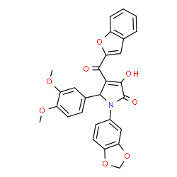 ChemSpider 2D Image | 1-(1,3-Benzodioxol-5-yl)-4-(1-benzofuran-2-ylcarbonyl)-5-(3,4-dimethoxyphenyl)-3-hydroxy-1,5-dihydro-2H-pyrrol-2-one | C28H21NO8