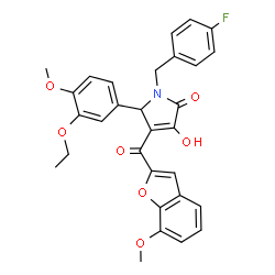 ChemSpider 2D Image | 5-(3-Ethoxy-4-methoxyphenyl)-1-(4-fluorobenzyl)-3-hydroxy-4-[(7-methoxy-1-benzofuran-2-yl)carbonyl]-1,5-dihydro-2H-pyrrol-2-one | C30H26FNO7
