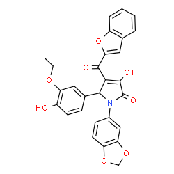 ChemSpider 2D Image | 1-(1,3-Benzodioxol-5-yl)-4-(1-benzofuran-2-ylcarbonyl)-5-(3-ethoxy-4-hydroxyphenyl)-3-hydroxy-1,5-dihydro-2H-pyrrol-2-one | C28H21NO8