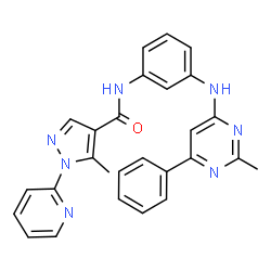 ChemSpider 2D Image | 5-Methyl-N-{3-[(2-methyl-6-phenyl-4-pyrimidinyl)amino]phenyl}-1-(2-pyridinyl)-1H-pyrazole-4-carboxamide | C27H23N7O