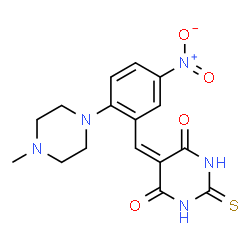 ChemSpider 2D Image | 5-[2-(4-Methyl-1-piperazinyl)-5-nitrobenzylidene]-2-thioxodihydro-4,6(1H,5H)-pyrimidinedione | C16H17N5O4S