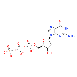 ChemSpider 2D Image | 2-Amino-9-[2-deoxy-5-O-({[(phosphonatooxy)phosphinato]oxy}phosphinato)-beta-D-threo-pentofuranosyl]-1,9-dihydro-6H-purin-6-one | C10H12N5O13P3