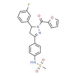ChemSpider 2D Image | N-{4-[5-(3-Fluorophenyl)-1-(2-furoyl)-4,5-dihydro-1H-pyrazol-3-yl]phenyl}methanesulfonamide | C21H18FN3O4S
