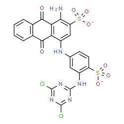 ChemSpider 2D Image | 1-Amino-4-({3-[(4,6-dichloro-1,3,5-triazin-2-yl)amino]-4-sulfonatophenyl}amino)-9,10-dioxo-9,10-dihydro-2-anthracenesulfonate | C23H12Cl2N6O8S2