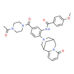 ChemSpider 2D Image | N-{5-[(4-Acetyl-1-piperazinyl)carbonyl]-2-(6-oxo-7,11-diazatricyclo[7.3.1.0~2,7~]trideca-2,4-dien-11-yl)phenyl}-4-methoxybenzamide | C32H35N5O5