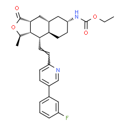 ChemSpider 2D Image | Ethyl [(1R,3aR,4aR,6R,8aR,9S,9aS)-9-{(E)-2-[5-(3-fluorophenyl)-2-pyridinyl]vinyl}-1-methyl-3-oxododecahydronaphtho[2,3-c]furan-6-yl]carbamate | C29H33FN2O4