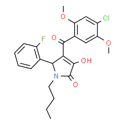 ChemSpider 2D Image | 1-Butyl-4-(4-chloro-2,5-dimethoxybenzoyl)-5-(2-fluorophenyl)-3-hydroxy-1,5-dihydro-2H-pyrrol-2-one | C23H23ClFNO5
