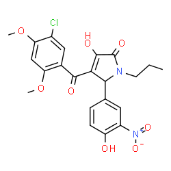 ChemSpider 2D Image | 4-(5-Chloro-2,4-dimethoxybenzoyl)-3-hydroxy-5-(4-hydroxy-3-nitrophenyl)-1-propyl-1,5-dihydro-2H-pyrrol-2-one | C22H21ClN2O8