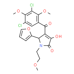 ChemSpider 2D Image | 4-(3,5-Dichloro-2,4-dimethoxybenzoyl)-5-(2-furyl)-3-hydroxy-1-(2-methoxyethyl)-1,5-dihydro-2H-pyrrol-2-one | C20H19Cl2NO7