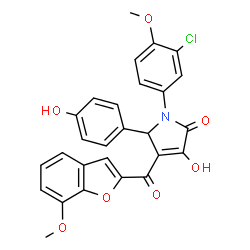 ChemSpider 2D Image | 1-(3-Chloro-4-methoxyphenyl)-3-hydroxy-5-(4-hydroxyphenyl)-4-[(7-methoxy-1-benzofuran-2-yl)carbonyl]-1,5-dihydro-2H-pyrrol-2-one | C27H20ClNO7