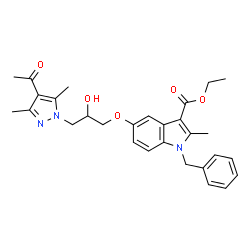 ChemSpider 2D Image | Ethyl 5-[3-(4-acetyl-3,5-dimethyl-1H-pyrazol-1-yl)-2-hydroxypropoxy]-1-benzyl-2-methyl-1H-indole-3-carboxylate | C29H33N3O5