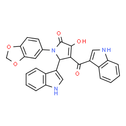 ChemSpider 2D Image | 1-(1,3-Benzodioxol-5-yl)-3-hydroxy-5-(1H-indol-3-yl)-4-(1H-indol-3-ylcarbonyl)-1,5-dihydro-2H-pyrrol-2-one | C28H19N3O5