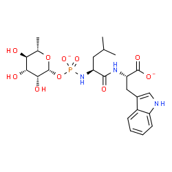 ChemSpider 2D Image | (2S)-3-(1H-Indol-3-yl)-2-({(2S)-4-methyl-2-[({[(2R,3R,4R,5R,6S)-3,4,5-trihydroxy-6-methyltetrahydro-2H-pyran-2-yl]oxy}phosphinato)amino]pentanoyl}amino)propanoate (non-preferred name) | C23H32N3O10P