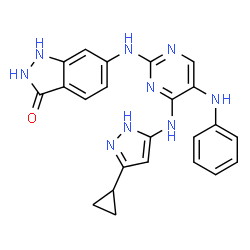ChemSpider 2D Image | 6-({5-Anilino-4-[(3-cyclopropyl-1H-pyrazol-5-yl)amino]-2-pyrimidinyl}amino)-1,2-dihydro-3H-indazol-3-one | C23H21N9O