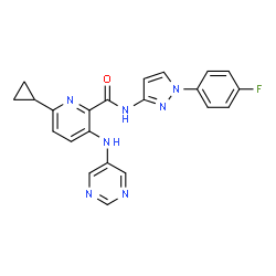 ChemSpider 2D Image | 6-Cyclopropyl-N-[1-(4-fluorophenyl)-1H-pyrazol-3-yl]-3-(5-pyrimidinylamino)-2-pyridinecarboxamide | C22H18FN7O