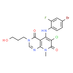 ChemSpider 2D Image | 5-[(4-Bromo-2-fluorophenyl)amino]-6-chloro-3-(3-hydroxypropyl)-8-methylpyrido[2,3-d]pyrimidine-4,7(3H,8H)-dione | C17H15BrClFN4O3