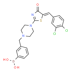 ChemSpider 2D Image | [3-({4-[(5Z)-5-(3,4-Dichlorobenzylidene)-4-oxo-4,5-dihydro-1,3-thiazol-2-yl]-1-piperazinyl}methyl)phenyl]boronic acid | C21H20BCl2N3O3S