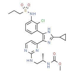 ChemSpider 2D Image | Methyl [(2S)-1-{[4-(5-{2-chloro-3-[(propylsulfonyl)amino]phenyl}-2-cyclopropyl-1H-imidazol-4-yl)-2-pyrimidinyl]amino}-2-propanyl]carbamate | C24H30ClN7O4S