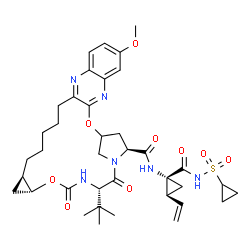 ChemSpider 2D Image | (18R,20R,24S,27S)-N-{(1R,2S)-1-[(Cyclopropylsulfonyl)carbamoyl]-2-vinylcyclopropyl}-7-methoxy-24-(2-methyl-2-propanyl)-22,25-dioxo-2,21-dioxa-4,11,23,26-tetraazapentacyclo[24.2.1.0~3,12~.0~5,10~.0~18,
20~]nonacosa-3,5,7,9,11-pentaene-27-carboxamide | C38H50N6O9S