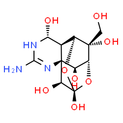 ChemSpider 2D Image | (1S,5R,6R,9S,11R,12S,13S,14S)-3-Amino-14-(hydroxymethyl)-8,10-dioxa-2,4-diazatetracyclo[7.3.1.1~7,11~.0~1,6~]tetradec-2-ene-5,9,12,13,14-pentol | C11H17N3O8