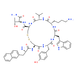 ChemSpider 2D Image | (4R,7S,10S,13R,16S,19R)-10-(4-Aminobutyl)-N-[(2S,3R)-1-amino-3-hydroxy-1-oxo-2-butanyl]-19-{[2-amino-3-(2-naphthyl)propanoyl]amino}-16-(4-hydroxybenzyl)-13-(1H-indol-3-ylmethyl)-7-isopropyl-6,9,12,15,
18-pentaoxo-1,2-dithia-5,8,11,14,17-pentaazacycloicosane-4-carboxamide (non-preferred name) | C54H69N11O10S2
