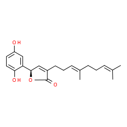 ChemSpider 2D Image | (5R)-5-(2,5-Dihydroxyphenyl)-3-[(3E)-4,8-dimethyl-3,7-nonadien-1-yl]-2(5H)-furanone | C21H26O4