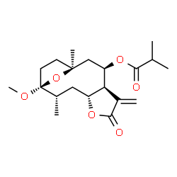 ChemSpider 2D Image | (2S,4R,8S,9R)-1-Methoxy-2,11-dimethyl-7-methylene-6-oxo-5,14-dioxatricyclo[9.2.1.0~4,8~]tetradec-9-yl 2-methylpropanoate | C20H30O6
