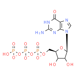 ChemSpider 2D Image | 2-Amino-9-{5-O-[({[(hydroxyphosphinato)oxy]phosphinato}oxy)phosphinato]-beta-D-glycero-pentofuranosyl}-1,9-dihydro-6H-purin-6-one | C10H13N5O14P3