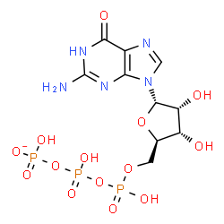 ChemSpider 2D Image | 2-Amino-9-{5-O-[hydroxy({hydroxy[(hydroxyphosphinato)oxy]phosphoryl}oxy)phosphoryl]-alpha-D-ribofuranosyl}-1,9-dihydro-6H-purin-6-one | C10H15N5O14P3