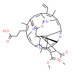 ChemSpider 2D Image | 3-[(23S,24R)-22,23-Bis(methoxycarbonyl)-5-(3-methoxy-3-oxopropyl)-4,10,15,24-tetramethyl-14-vinyl-25,26,27,28-tetraazahexacyclo[16.6.1.1~3,6~.1~8,11~.1~13,16~.0~19,24~]octacosa-1,3,5,7,9,11(27),12,14,
16,18(25),19,21-dodecaen-9-yl]propanoic acid | C41H42N4O8