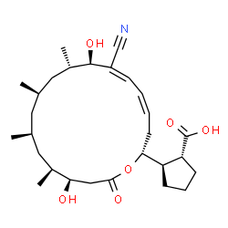 ChemSpider 2D Image | (1R,2R)-2-[(2R,4Z,6Z,8R,9S,11R,13S,15S,16R)-7-Cyano-8,16-dihydroxy-9,11,13,15-tetramethyl-18-oxooxacyclooctadeca-4,6-dien-2-yl]cyclopentanecarboxylic acid | C28H43NO6