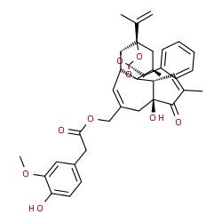 ChemSpider 2D Image | [(2R,6S,10S,13R,17R)-13-Benzyl-6-hydroxy-15-isopropenyl-4,17-dimethyl-5-oxo-12,14,18-trioxapentacyclo[11.4.1.0~1,10~.0~2,6~.0~11,15~]octadeca-3,8-dien-8-yl]methyl (4-hydroxy-3-methoxyphenyl)acetate | C37H40O9