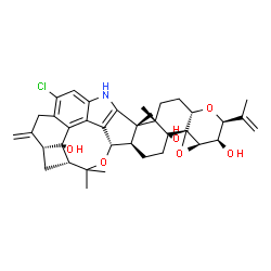 ChemSpider 2D Image | (2S,3R,3aR,6aR,7S,7dR,8R,14bS,14cS)-12-Chloro-2-isopropenyl-14b,14c,17,17-tetramethyl-10-methylene-3,3a,6,6a,7,8,9,9a,10,11,14,14b,14c,15,16,16a-hexadecahydro-2H,4bH-7,8-(epoxymethano)cyclobuta[5,6]be
nzo[1,2-e]oxireno[4',4a']chromeno[5',6':6,7]indeno[1,2-b]indole-3,4b,7d(5H)-triol | C37H44ClNO6