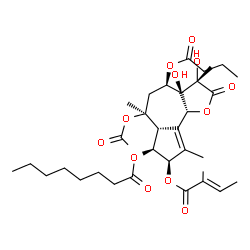 ChemSpider 2D Image | (3S,3aR,4R,6S,6aR,7S,8R)-6-Acetoxy-4-(butyryloxy)-3,3a-dihydroxy-3,6,9-trimethyl-8-{[(2E)-2-methyl-2-butenoyl]oxy}-2-oxo-2,3,3a,4,5,6,6a,7,8,9b-decahydroazuleno[4,5-b]furan-7-yl octanoate | C34H50O12