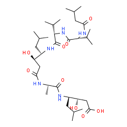 ChemSpider 2D Image | N-(3-Methylbutanoyl)-D-valyl-N-[(3R)-1-({1-[(1-carboxy-2-hydroxy-5-methyl-3-hexanyl)amino]-1-oxo-2-propanyl}amino)-3-hydroxy-6-methyl-1-oxo-4-heptanyl]-L-valinamide | C34H63N5O9