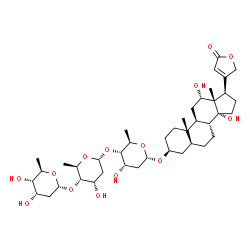 ChemSpider 2D Image | (3beta,12alpha,14alpha)-3-{[2,6-Dideoxy-alpha-D-ribo-hexopyranosyl-(1->4)-2,6-dideoxy-alpha-D-ribo-hexopyranosyl-(1->4)-2,6-dideoxy-alpha-D-ribo-hexopyranosyl]oxy}-12,14-dihydroxycard-20(22)-enolide | C41H64O14