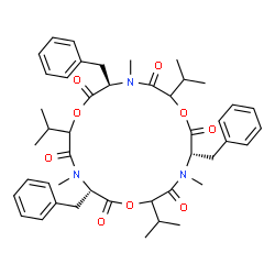 ChemSpider 2D Image | (3R,9S,15S)-3,9,15-Tribenzyl-6,12,18-triisopropyl-4,10,16-trimethyl-1,7,13-trioxa-4,10,16-triazacyclooctadecane-2,5,8,11,14,17-hexone | C45H57N3O9
